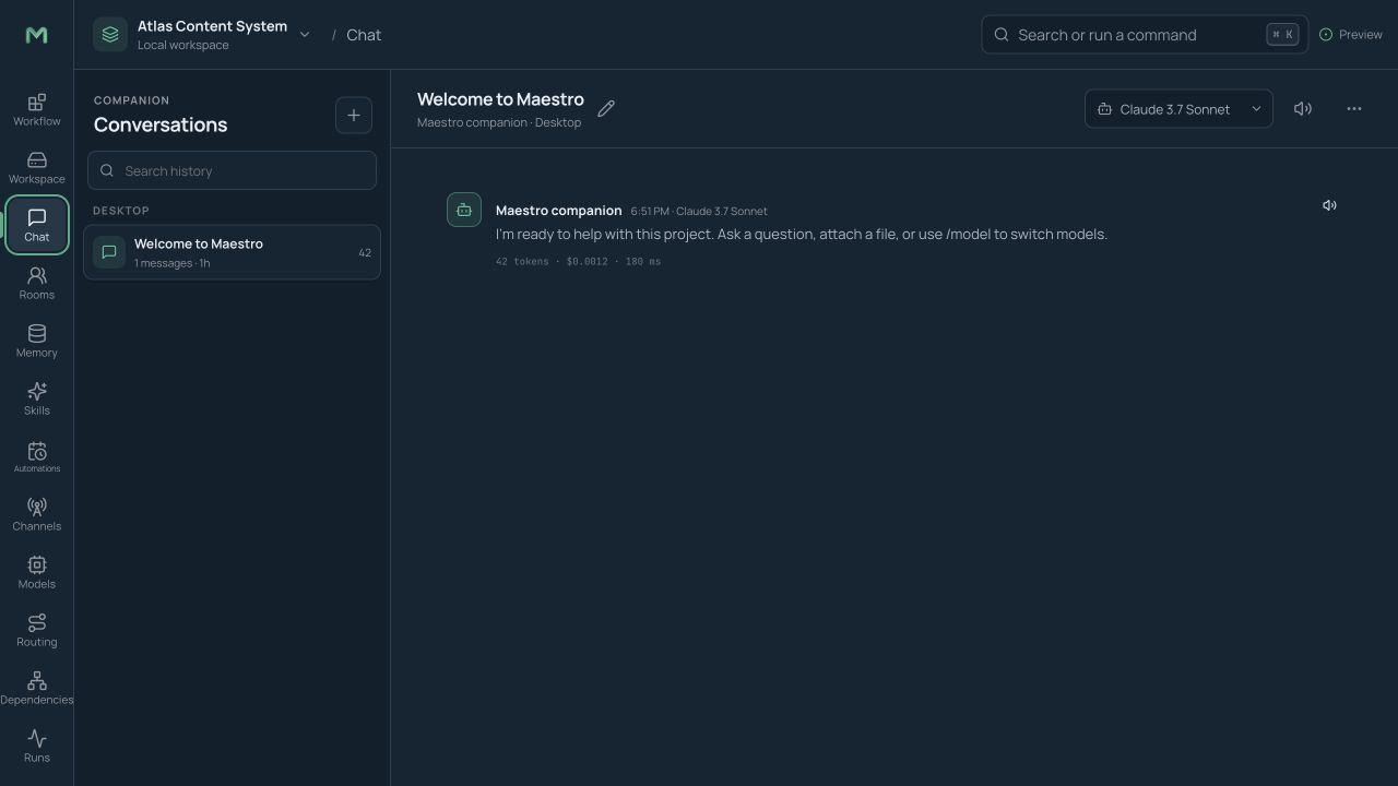 Chat with persistent sessions, model choice, message composer, attachments, and token and cost tracking