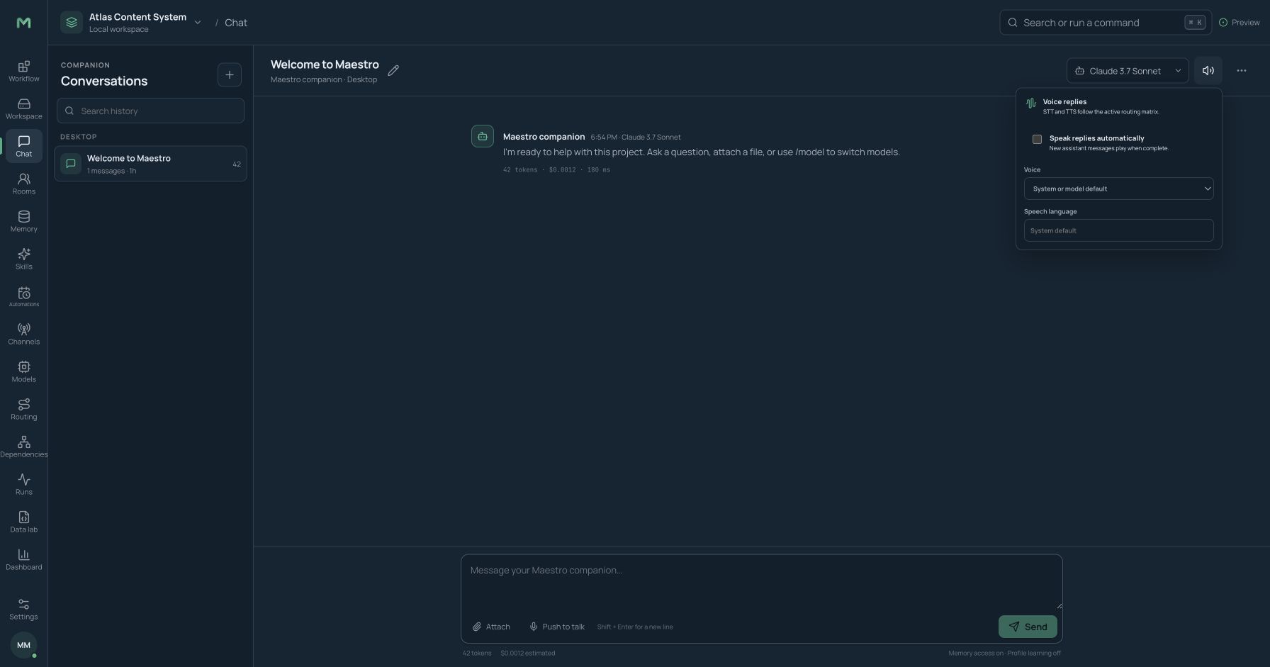 Chat voice settings with speech input, output voice, and push-to-talk controls