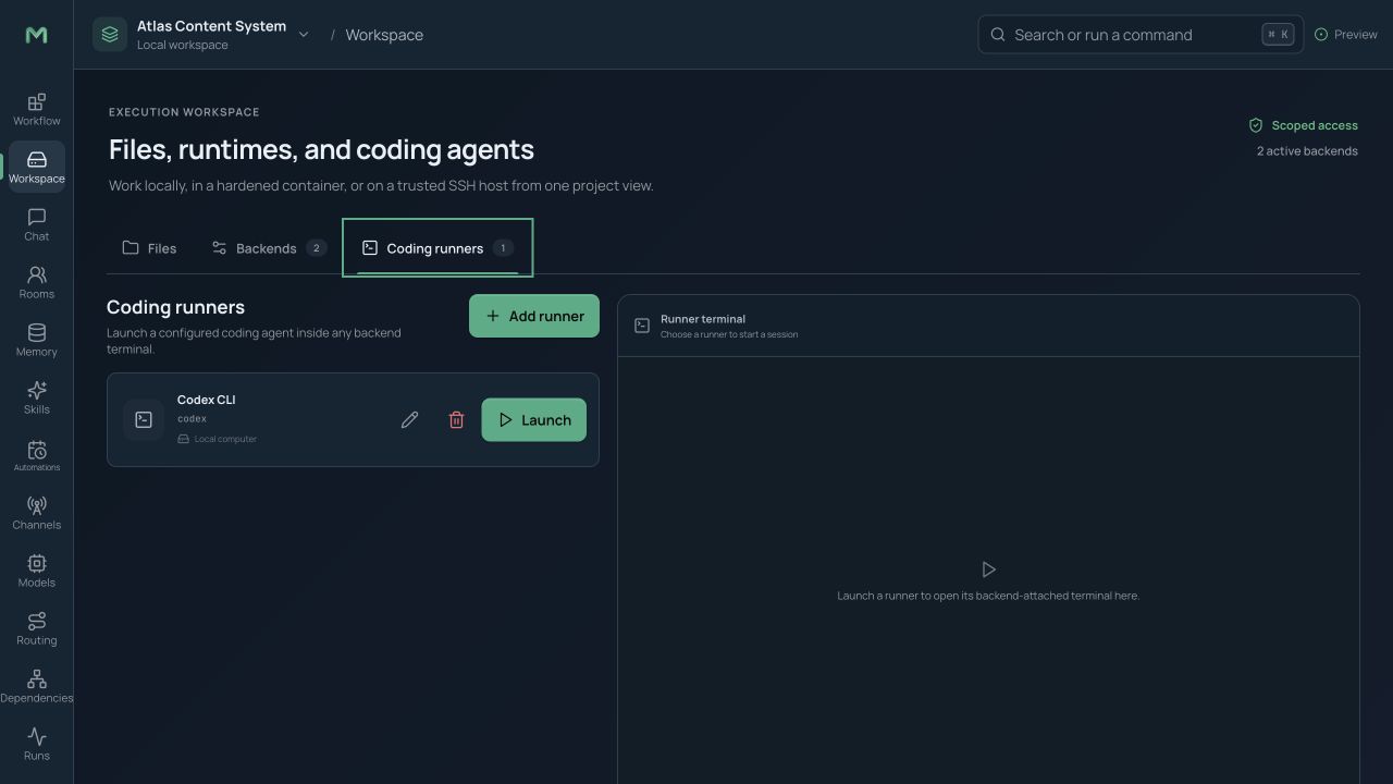 Coding-agent runners with backend, workspace, session, and launch controls
