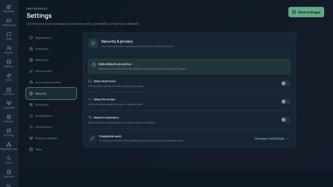 Security settings for sandboxed tools, approvals, networking, privacy, and external data boundaries