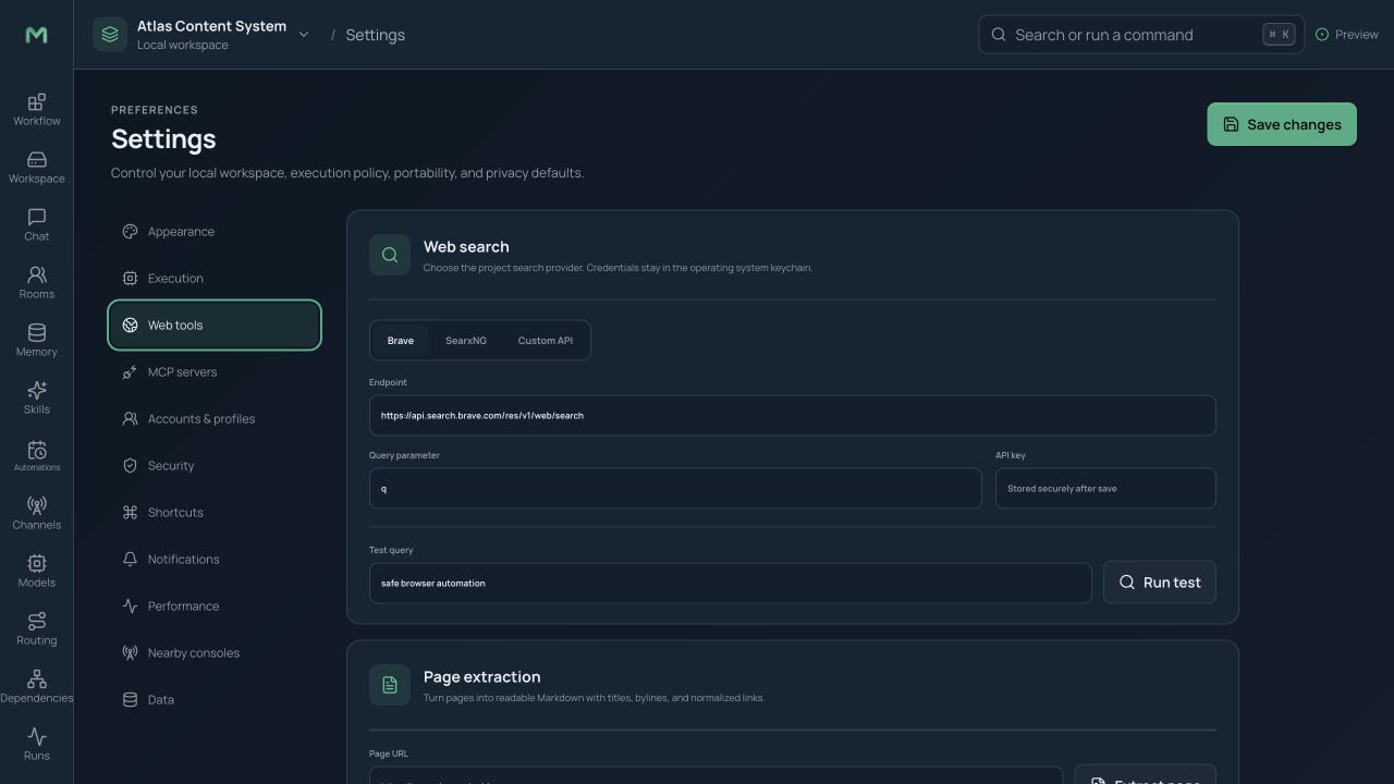 Web tool settings for search providers, extraction, browser actions, safety, and limits