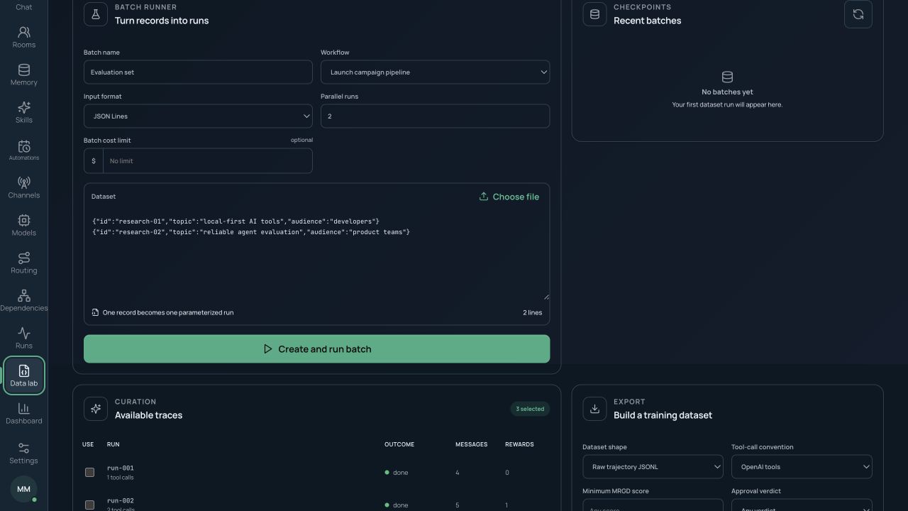 Trajectory data lab with dataset batches, progress, checkpoints, filters, compression, and export